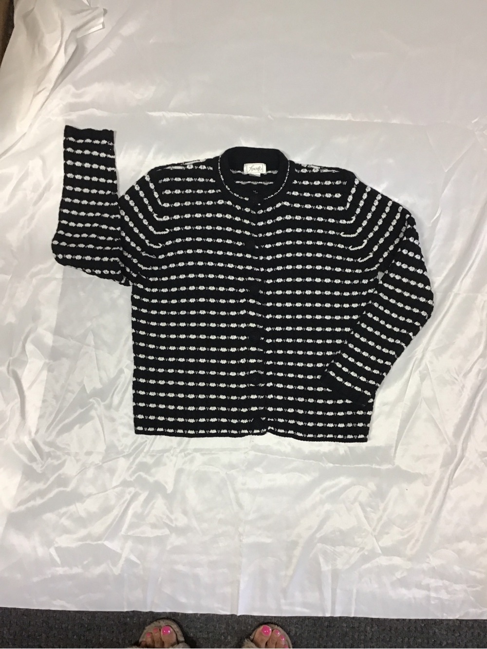 Foxcroft Black & White Striped Knit Cardigan
